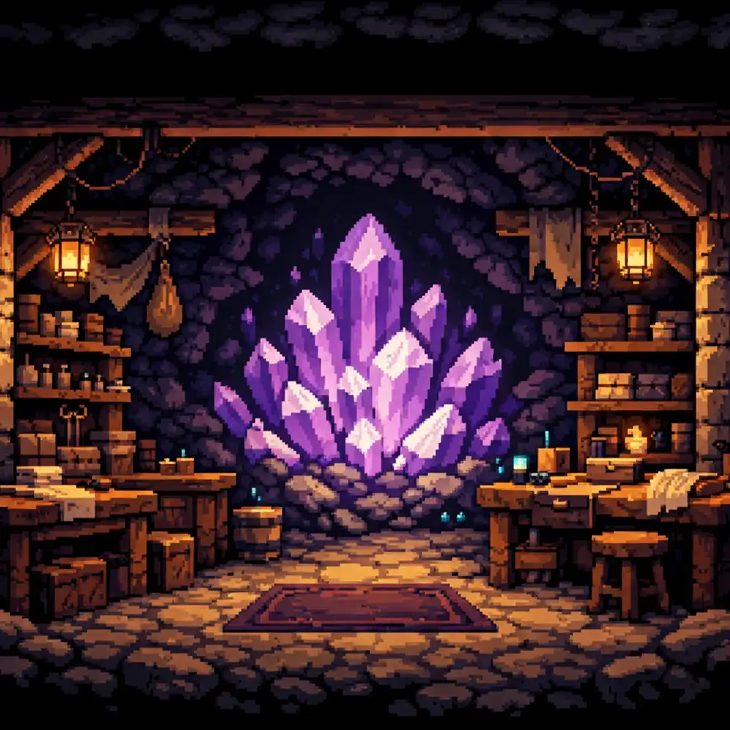 Atelier souterrain chaleureux avec établis, étagères et éclairages de lanterne.