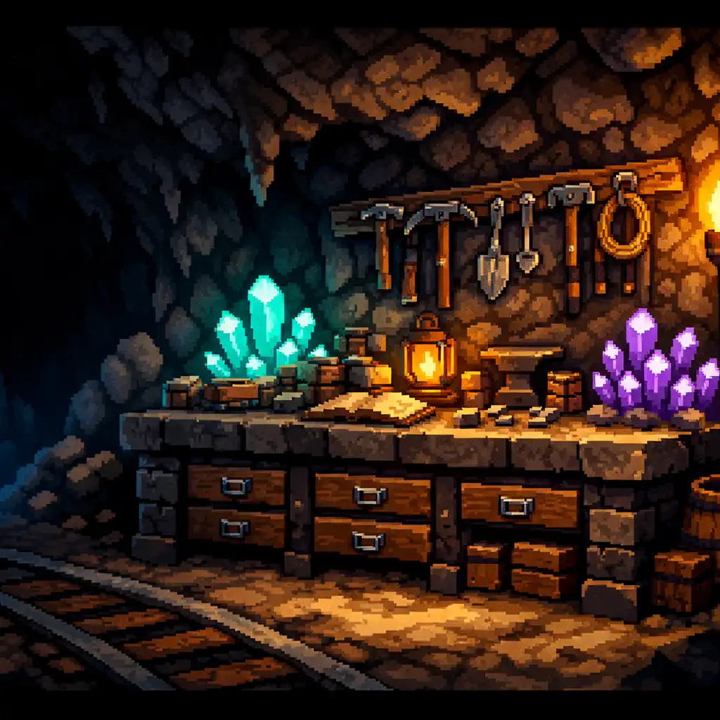 Atelier souterrain avec établi de pierre, tiroirs d’expédition et cristaux lumineux.