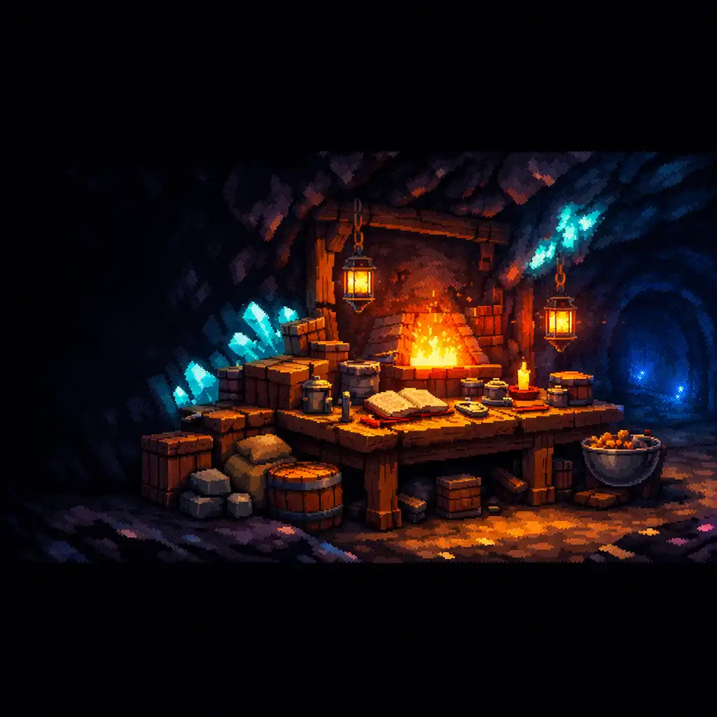 Atelier souterrain imaginaire éclairé par des lanternes, avec table de travail et cristaux cyan dans une caverne.