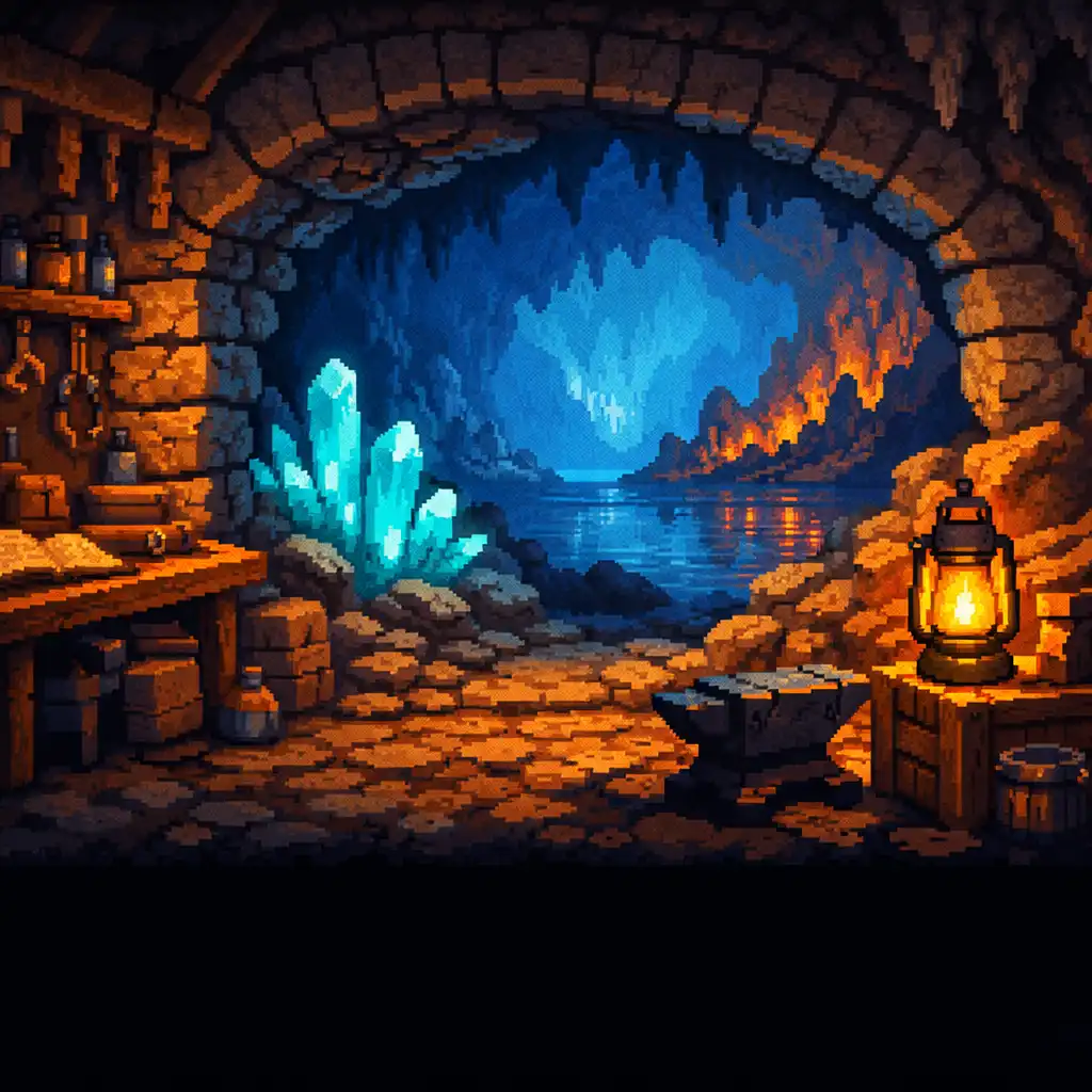 Passage entre un atelier souterrain éclairé et une vaste caverne aux cristaux cyan, suggérant le départ en expédition.