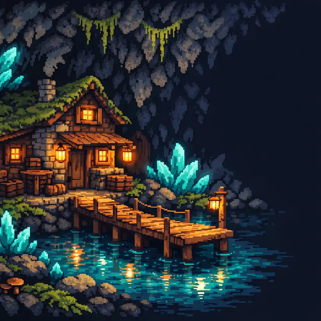 Petit refuge en bois et pierre intégré à une caverne de cristaux cyan et de mousse, avec une passerelle au-dessus d’une eau bleue.