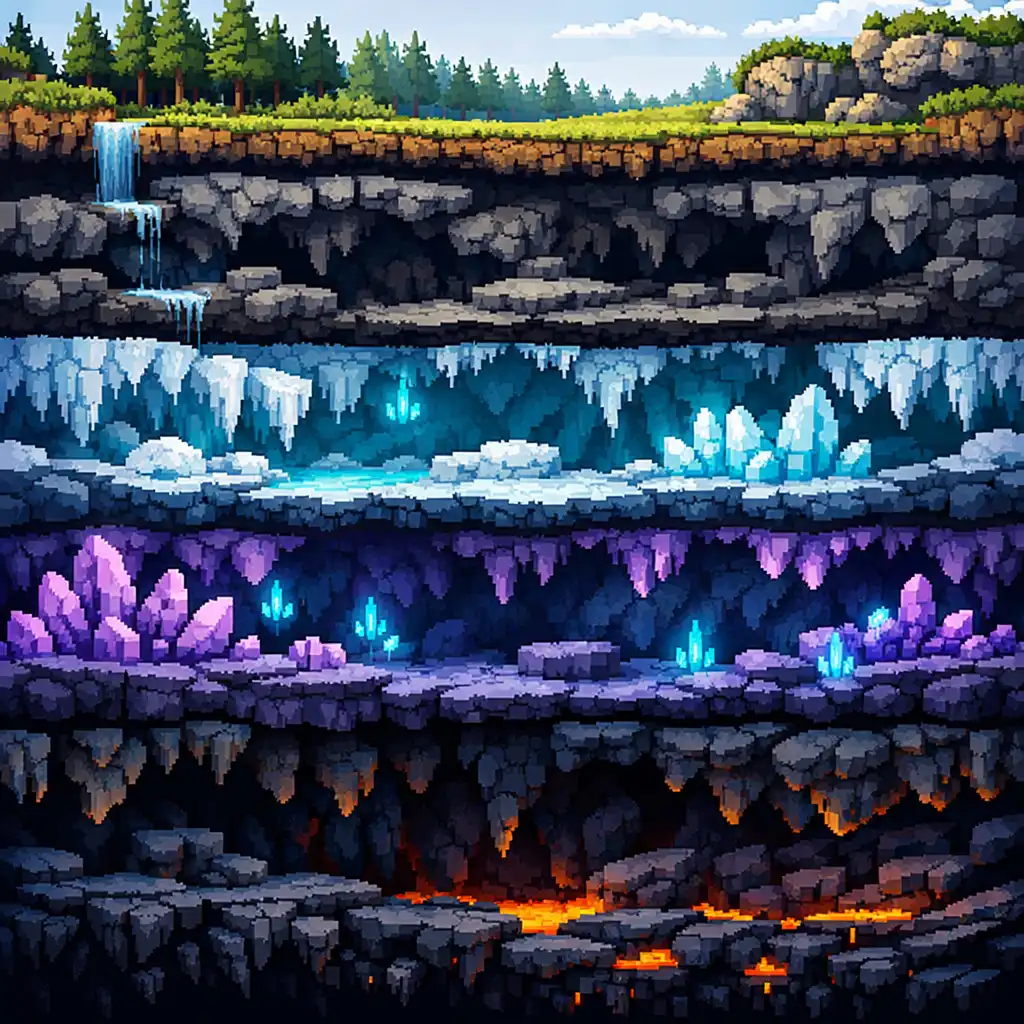 Coupe illustrée montrant une forêt de surface, des cavernes bleuâtres avec glace et cristaux, puis des profondeurs d’obsidienne aux lueurs de lave.