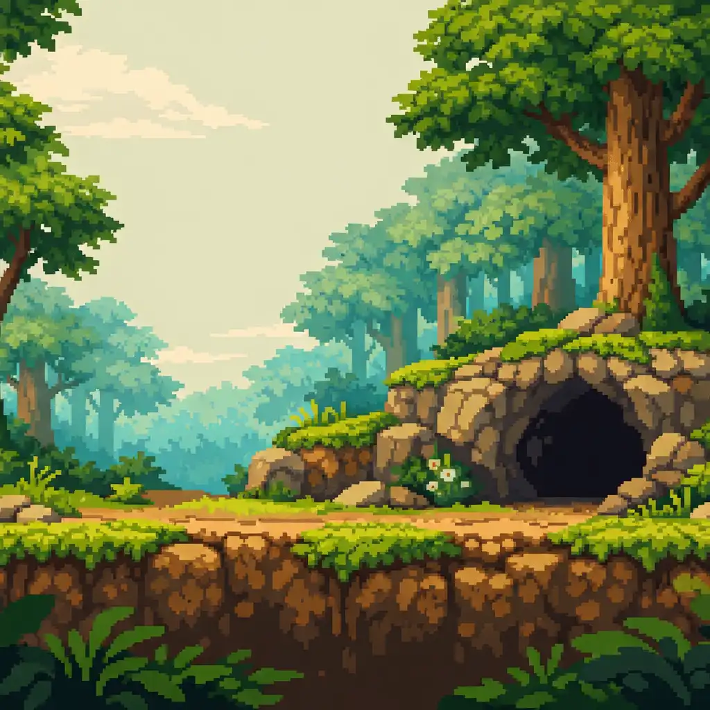 Lisière d’une forêt de surface avec de grands arbres, une ouverture de cavité et un relief de terre verdoyant.