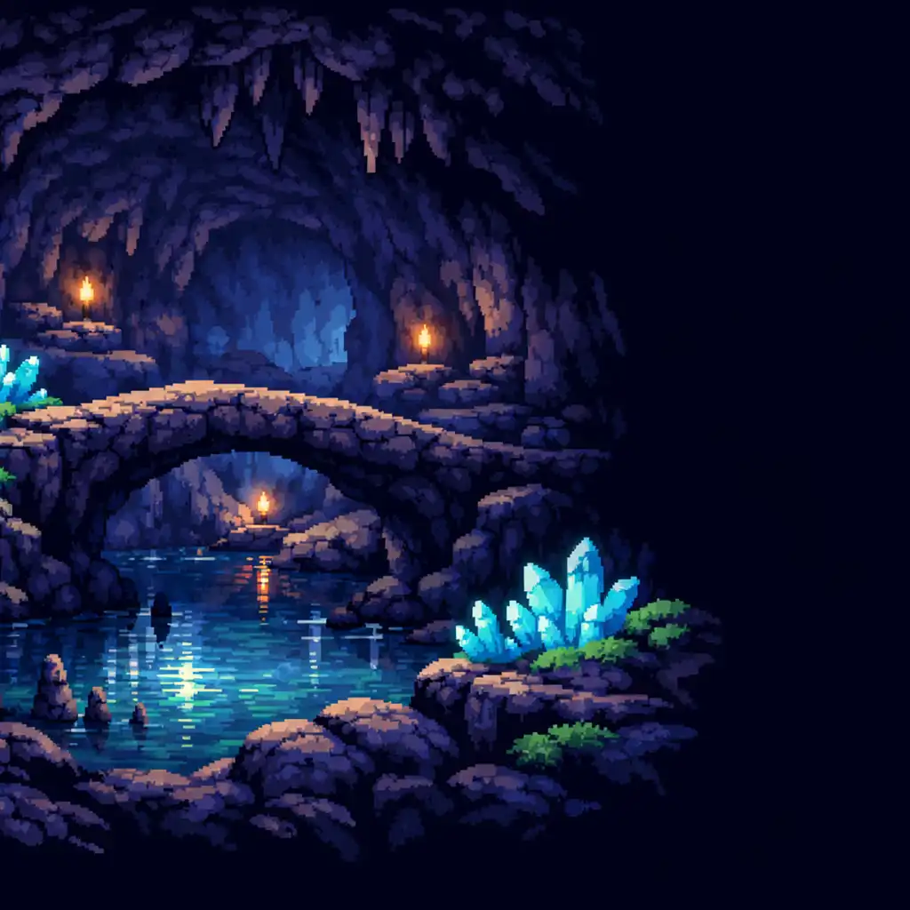 Grande galerie souterraine avec un pont naturel de pierre, une nappe d’eau basse, des cristaux cyan et des mousses vertes.