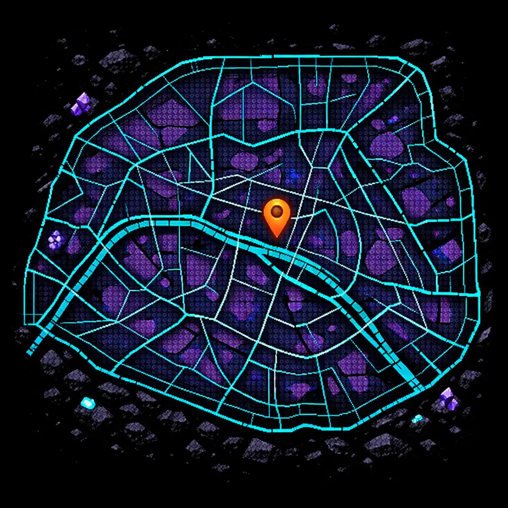 Carte illustrée sombre de Paris avec voies abstraites cyan et améthyste, marquée d’un repère orange pour le lieu de contact de BrainZotAventure.