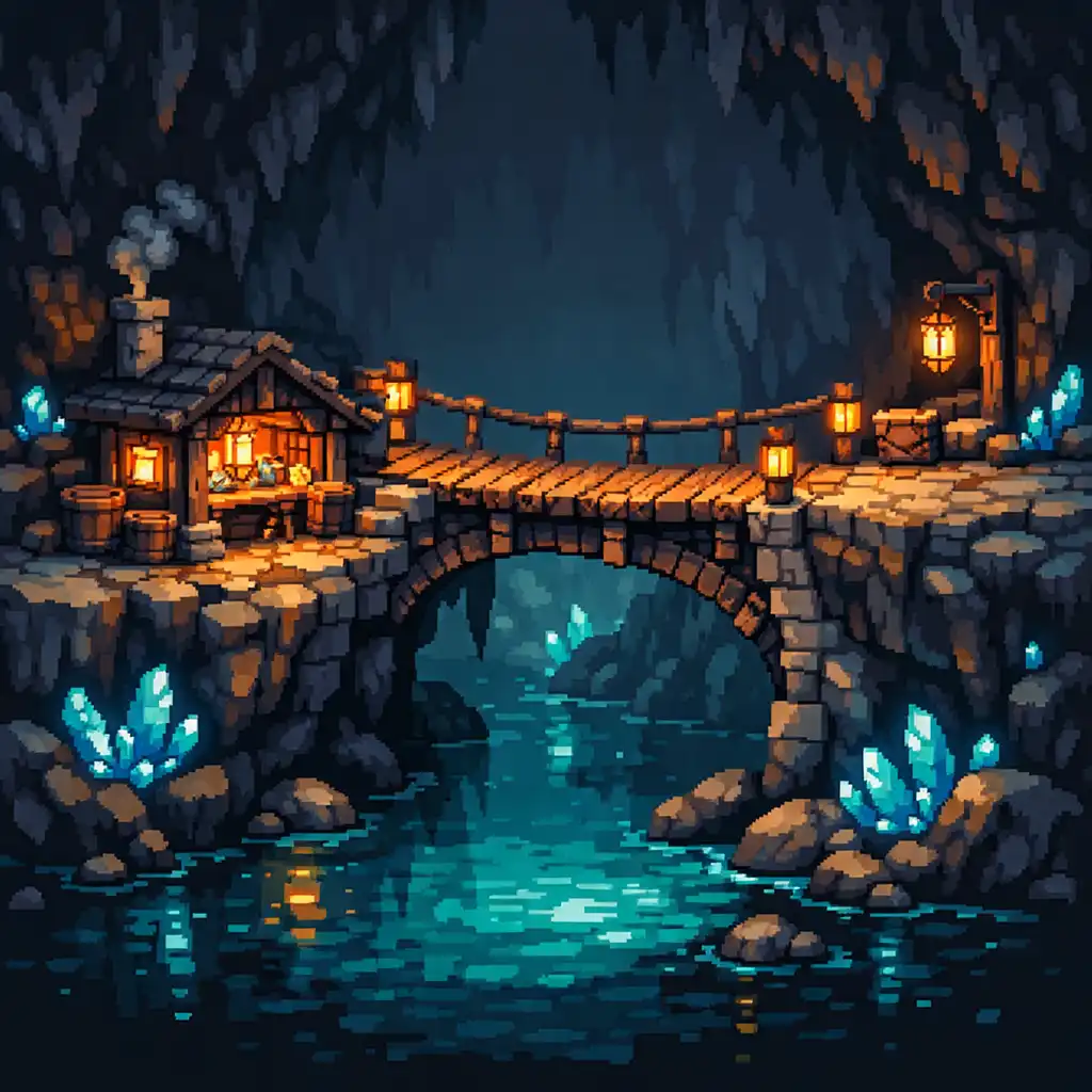 Pont de bois et pierre reliant deux falaises au-dessus d'une eau cyan, avec un petit atelier éclairé.