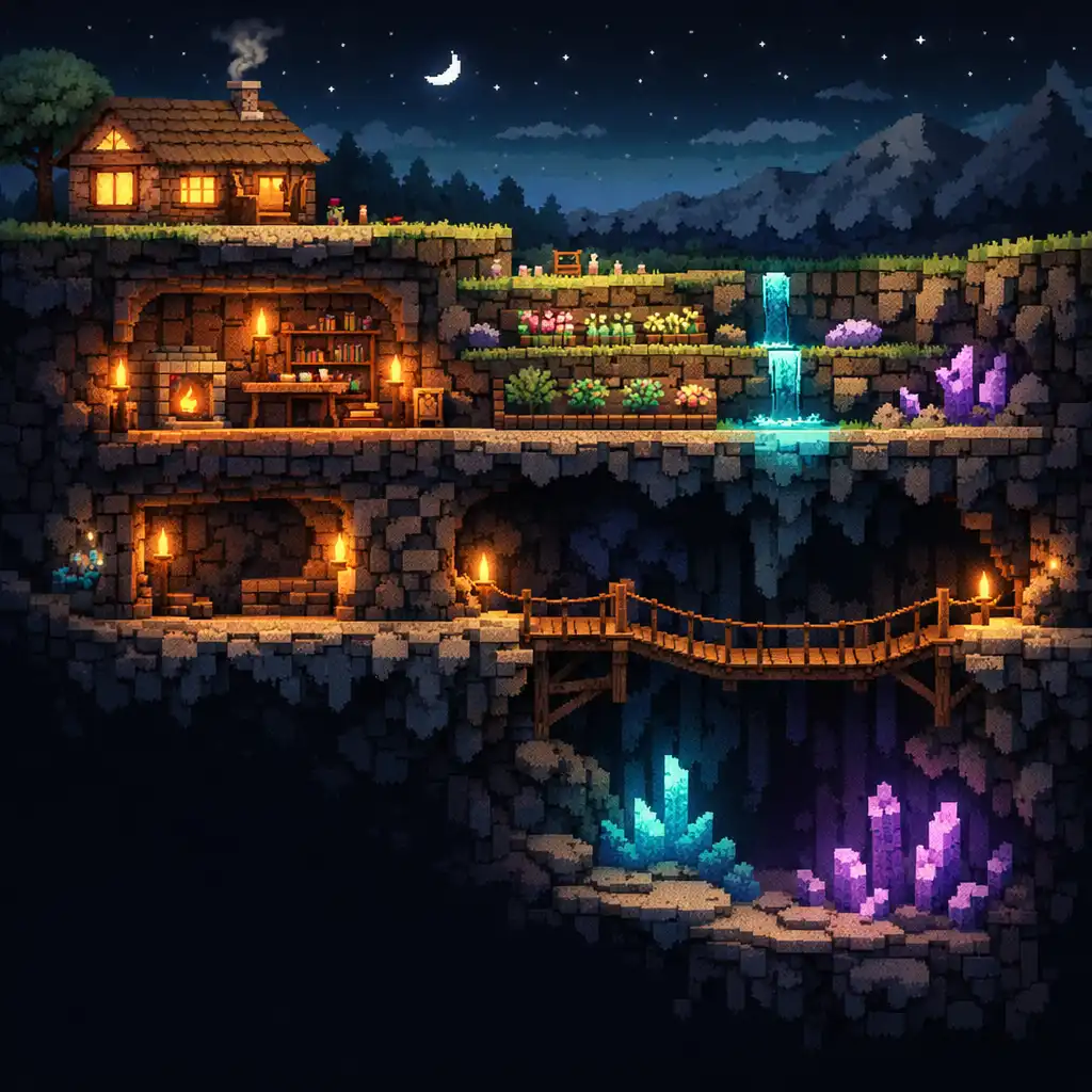 Coupe pixelisée d'une falaise avec une maison éclairée en surface, un atelier, un jardin en terrasse, un tunnel minéral et un pont au-dessus d'une cavité.
