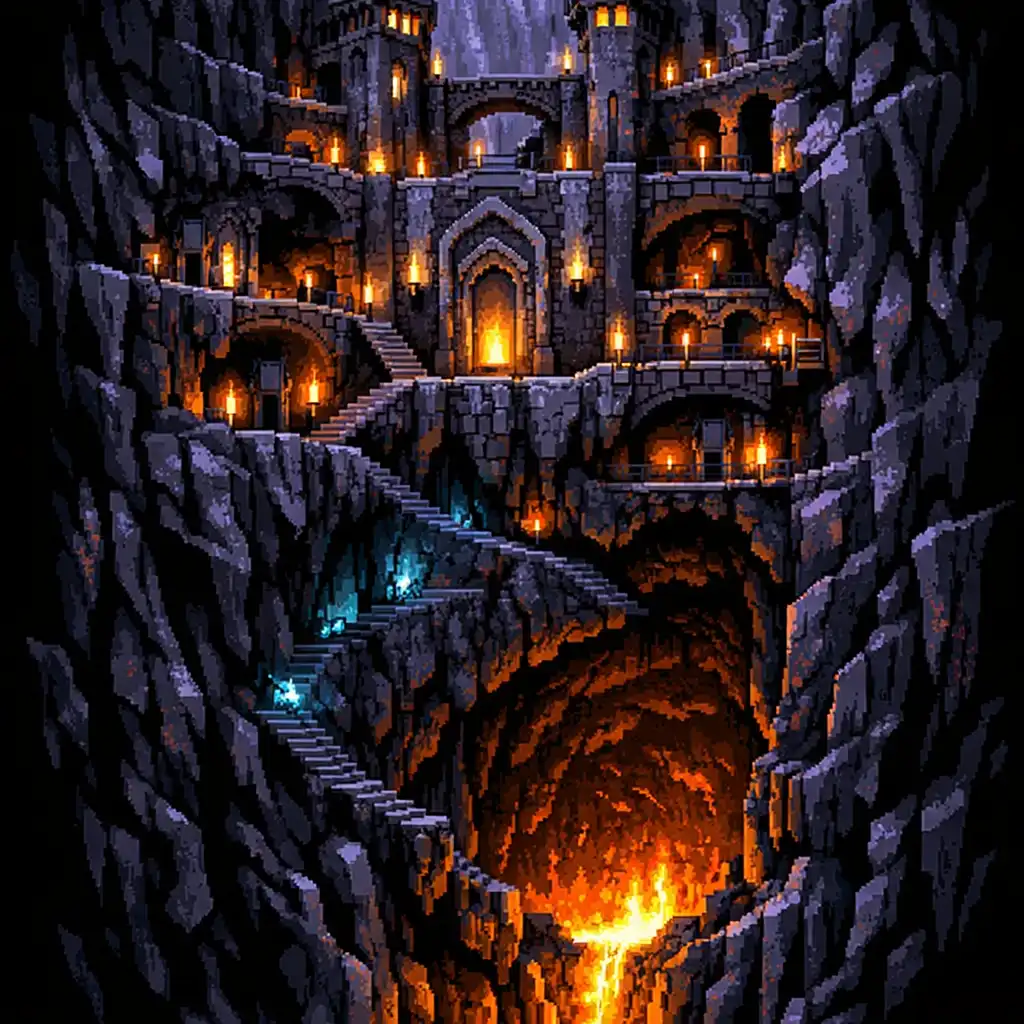 Forteresse verticale creusée dans une falaise d'obsidienne, avec tours, ponts, plateformes, salles et tunnel descendant vers une lueur orange.