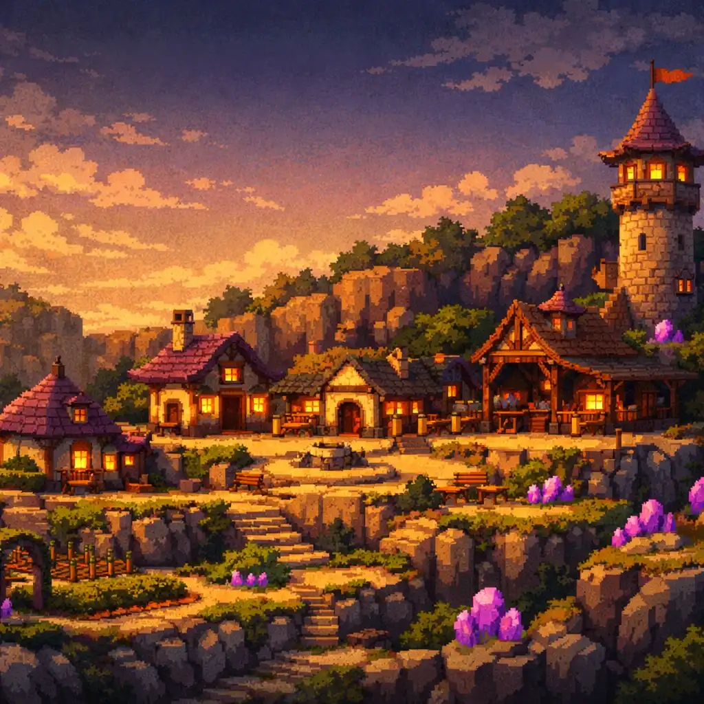 Village pixelisé sur plusieurs terrasses avec petites maisons, place centrale, chemins, jardin et tour de repère.