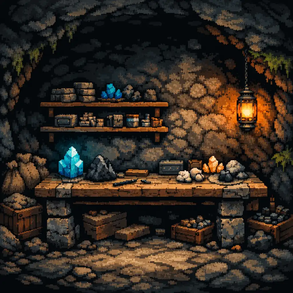 Alcôve de fabrication imaginaire avec établi en bois et pierre, matériaux rangés et lumière orange.