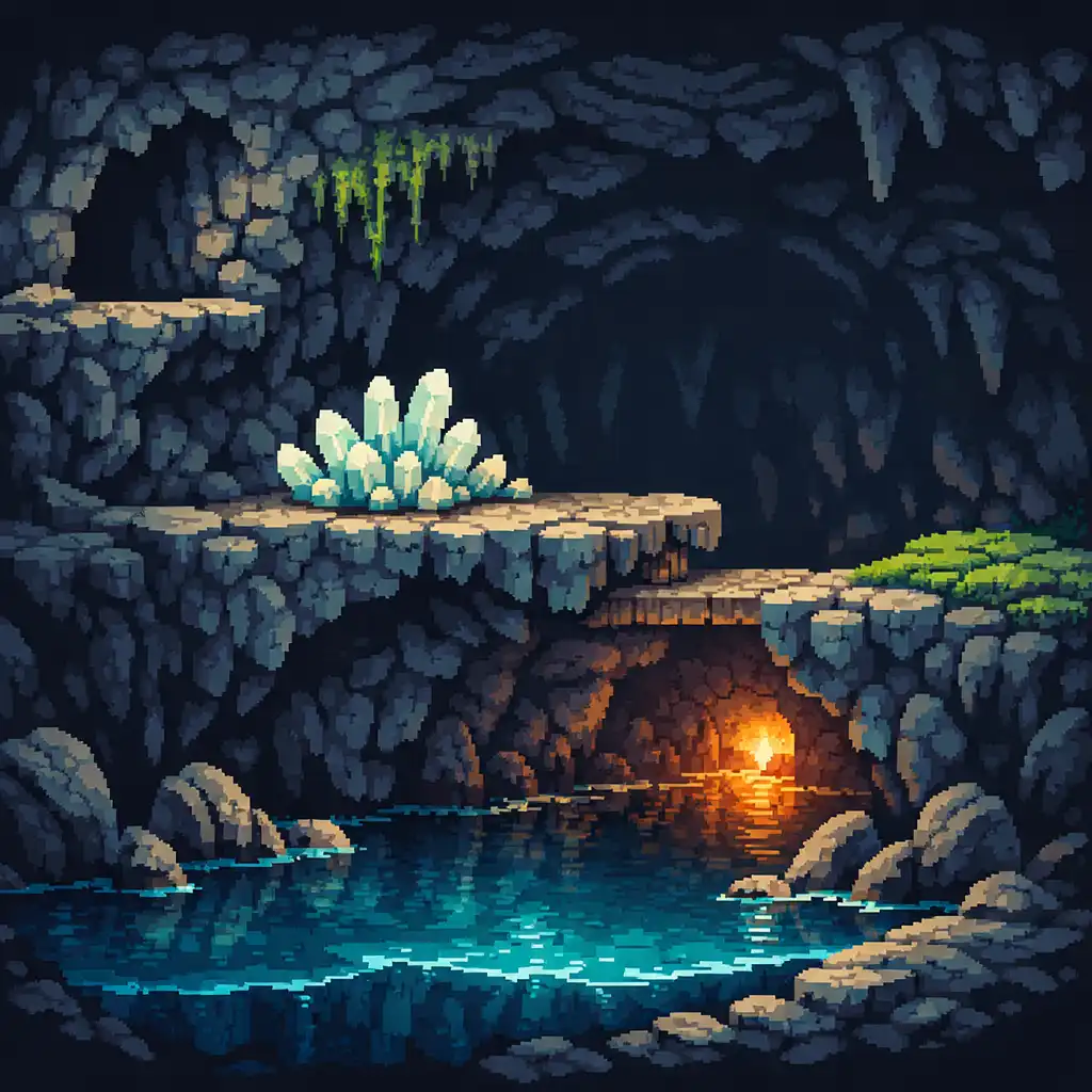 Caverne pixelisée avec passage en hauteur, eau souterraine, cristaux, mousse et grande cavité rocheuse