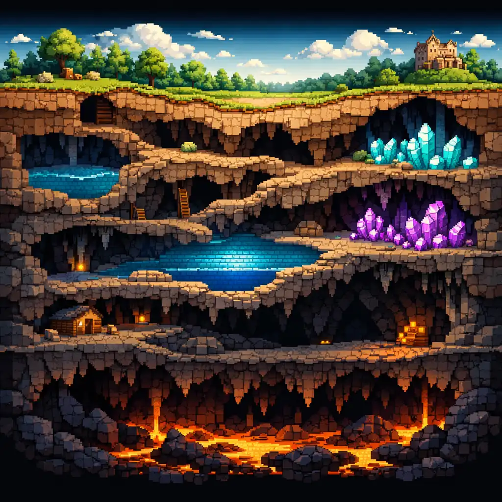 Coupe illustrée d’un monde avec surface végétale, tunnels, eau souterraine, cavernes cristallines et profondeurs lumineuses