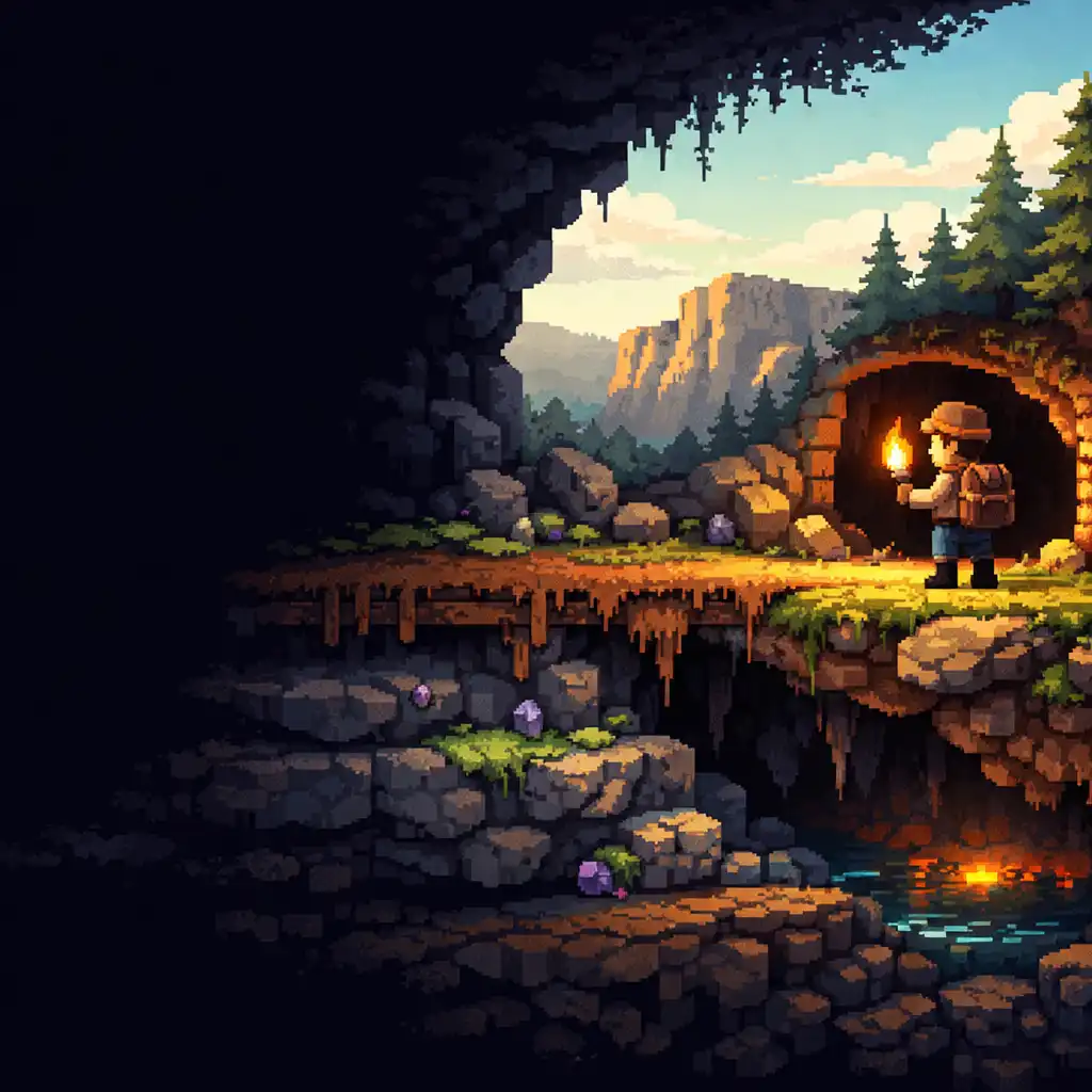 Explorateur générique près d’une ouverture de grotte dans un paysage souterrain pixelisé