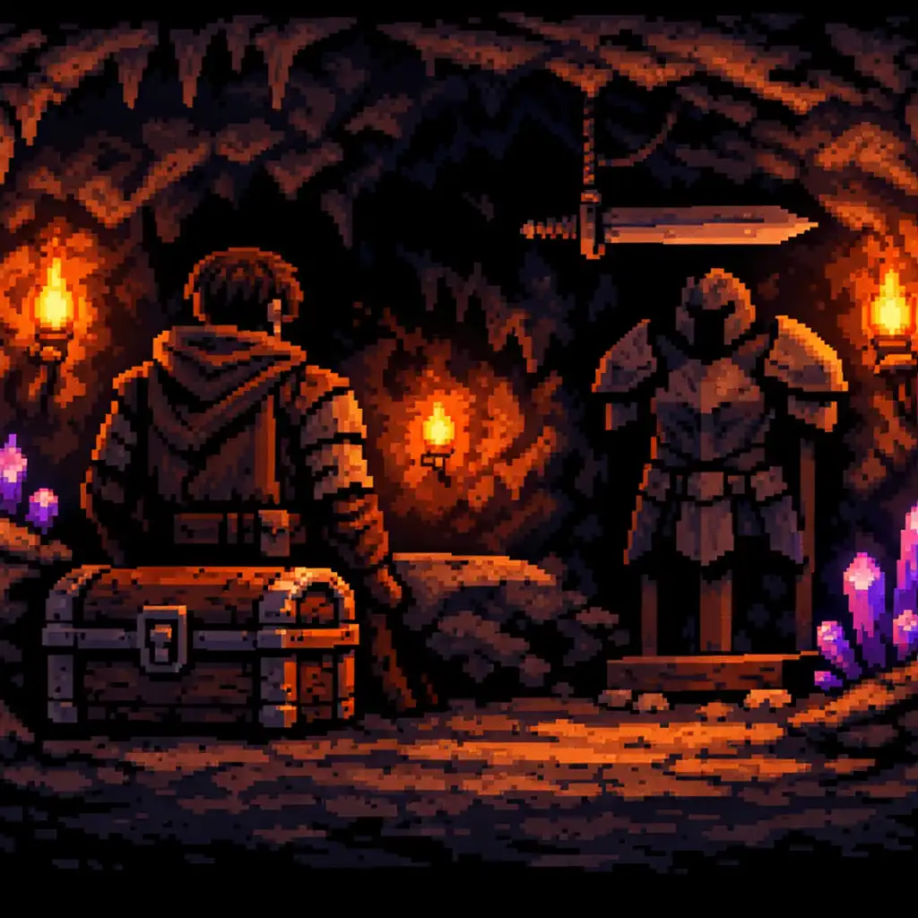 Aventurier générique préparant son équipement dans une caverne éclairée.