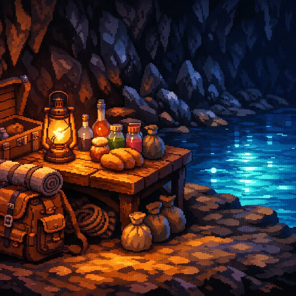 Camp de ravitaillement souterrain avec table rustique, sac d’expédition et lanternes.