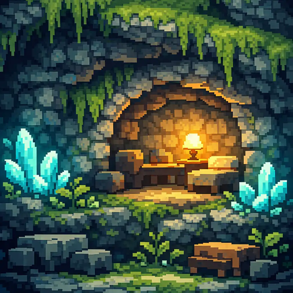 Refuge pixelisé dans une grotte couverte de mousse et de cristaux doux.