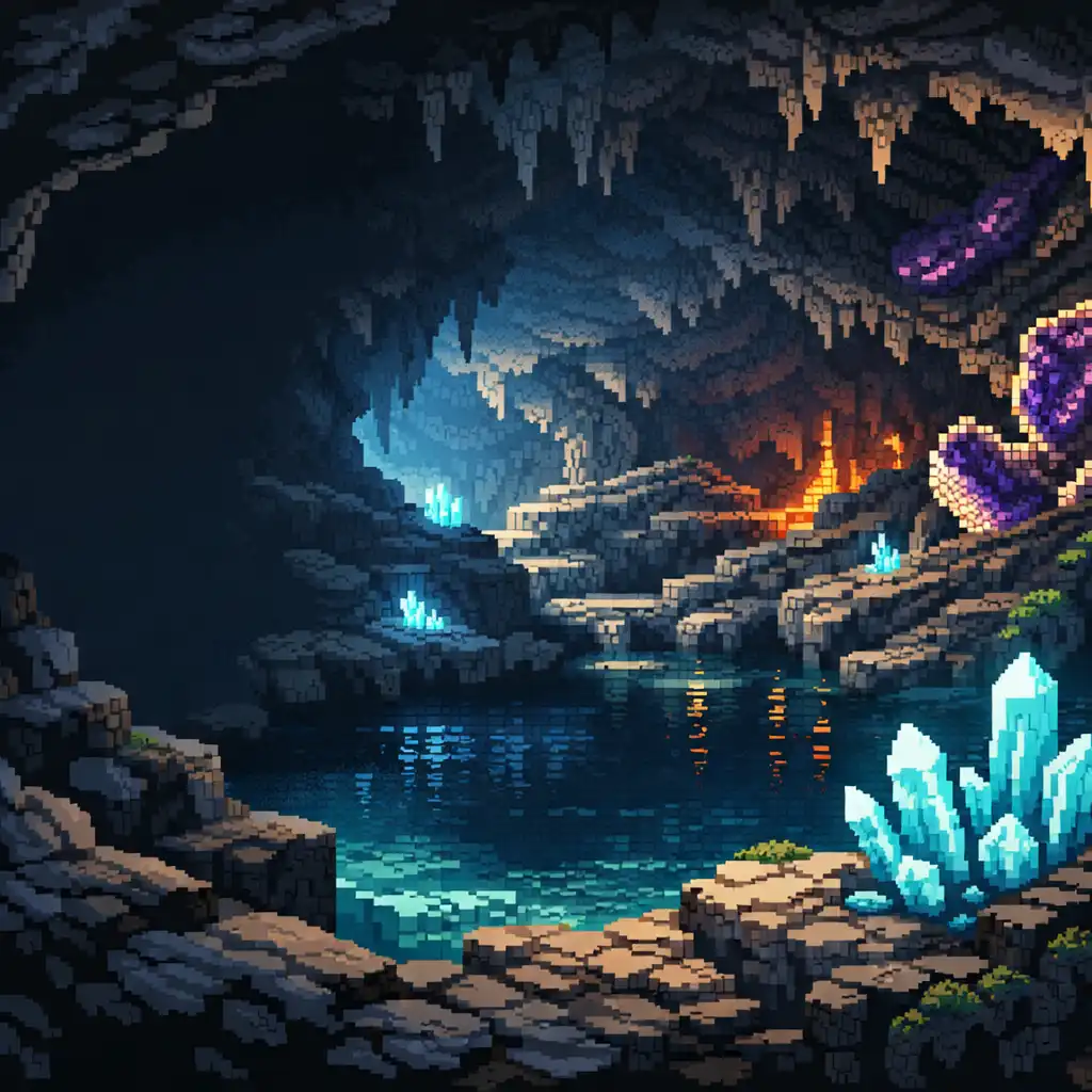 Grande caverne pixelisée aux cristaux cyan, veines d’améthyste et lueur de lave