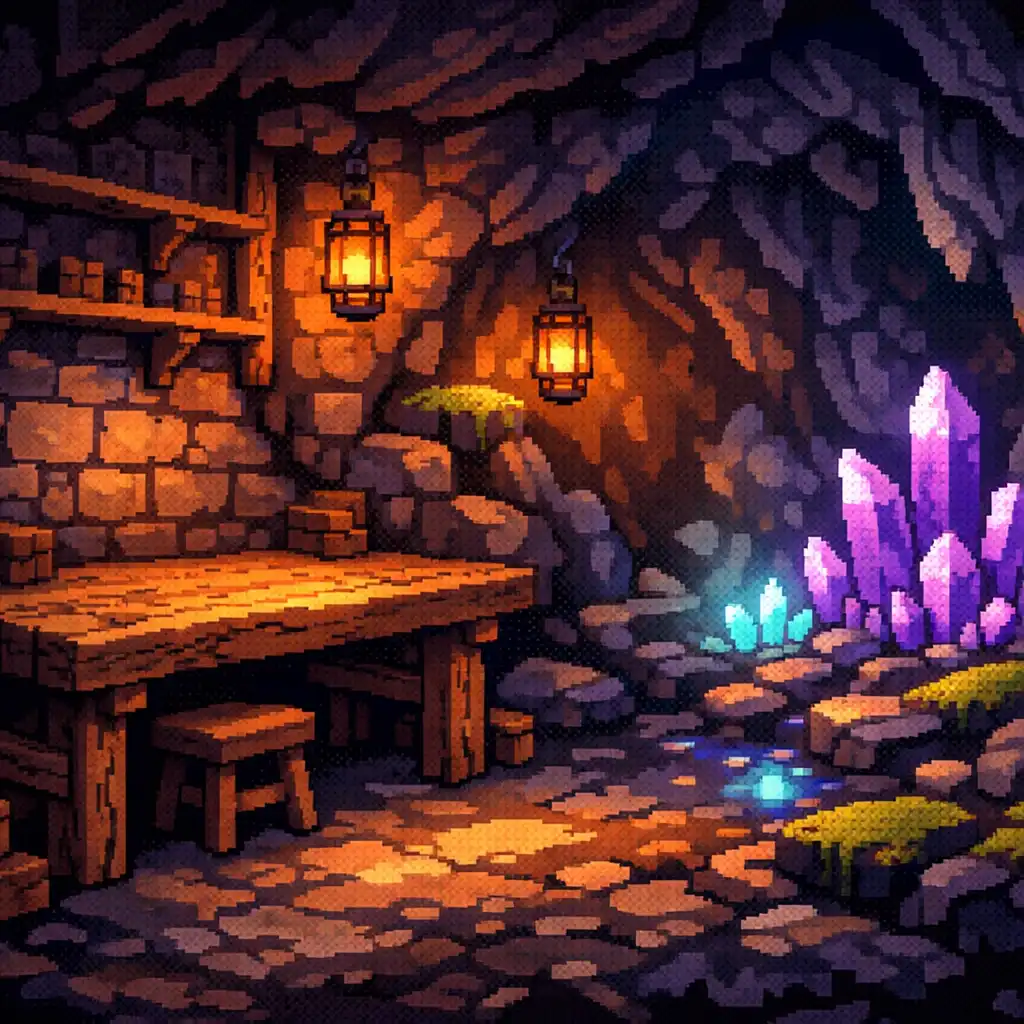 Atelier souterrain pixelisé avec établi, lanternes et cristaux d’améthyste