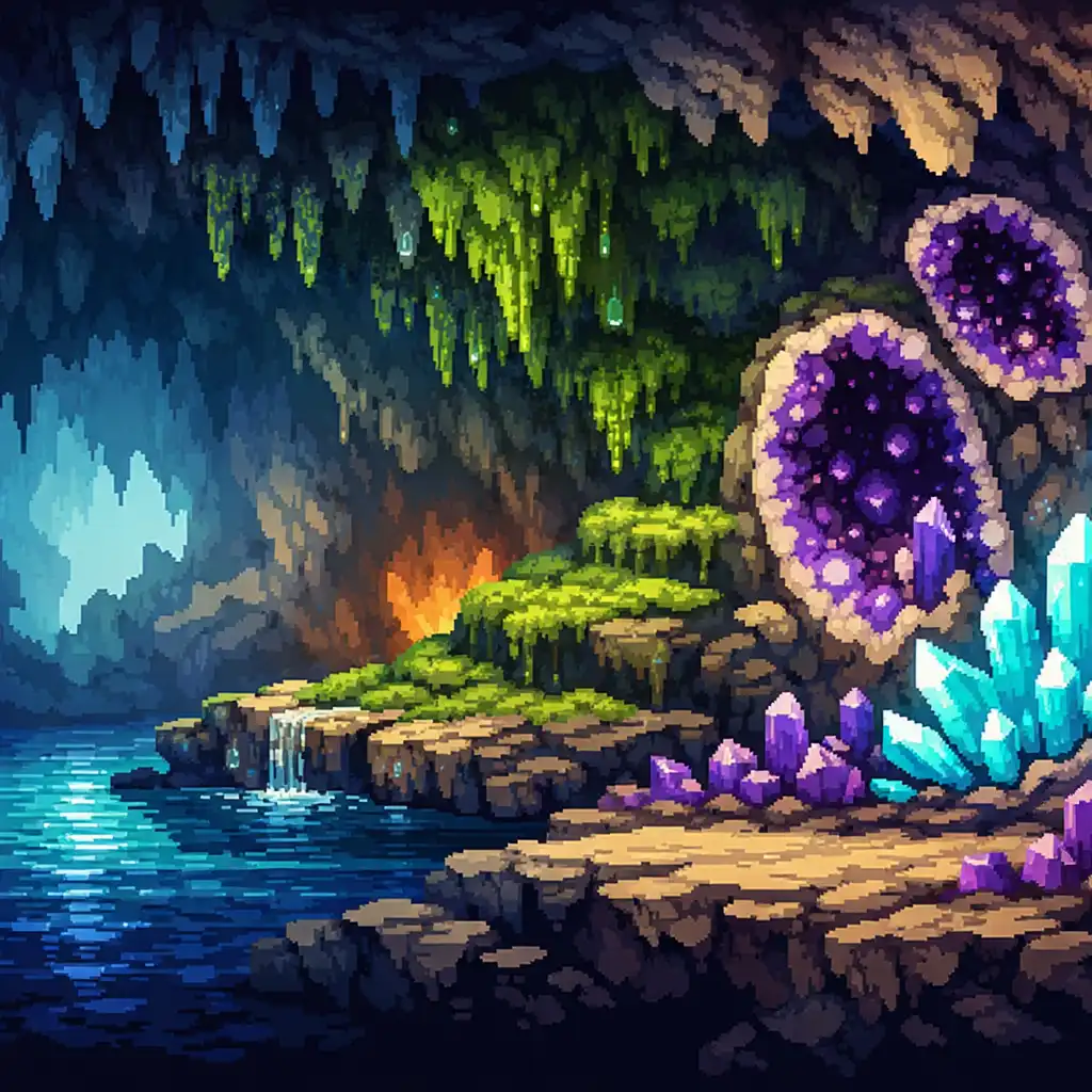 Caverne pixelisée aux eaux souterraines, parois moussues et cristaux lumineux, illustrant des atmosphères variées.