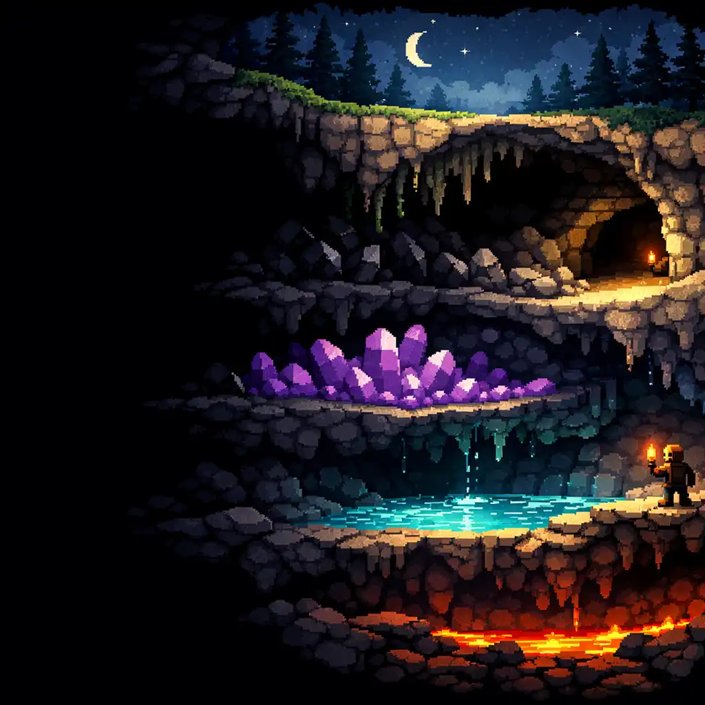 Expédition pixelisée descendant d’une forêt nocturne vers une caverne minérale éclairée par des cristaux et une lueur chaude.