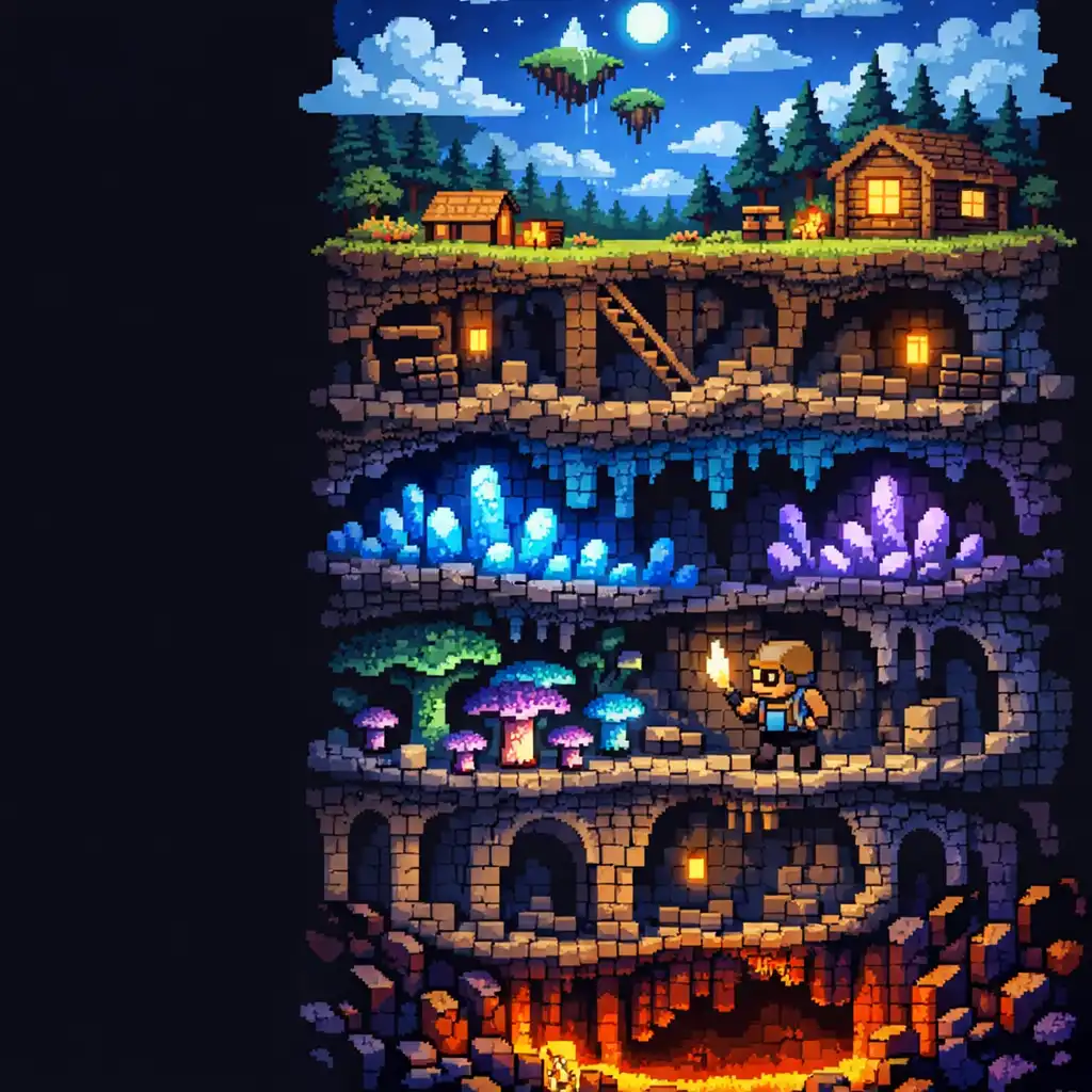 Illustration en coupe d'un monde souterrain pixelisé, du ciel aux profondeurs, avec un aventurier générique en descente.