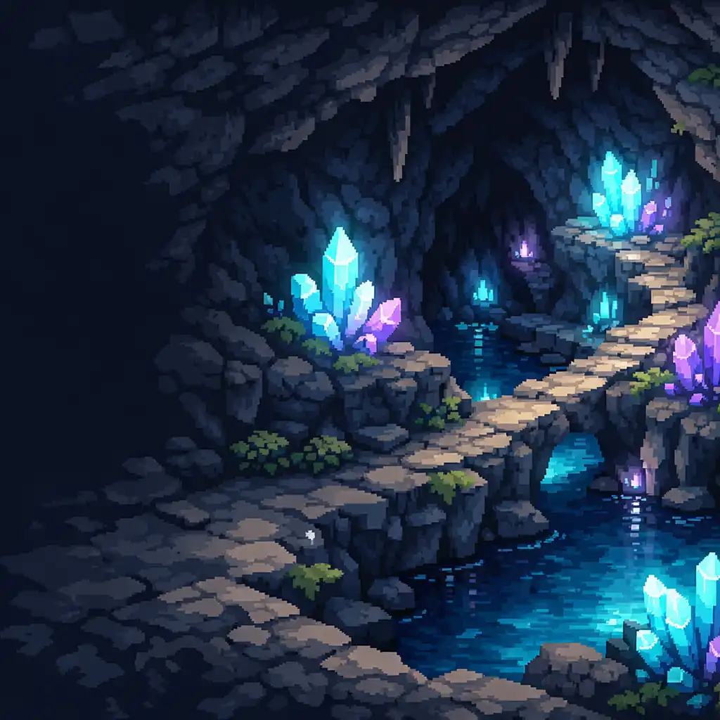 Caverne pixelisée avec eau souterraine bleu profond, mousse discrète et cristaux cyan-améthyste éclairant un passage.